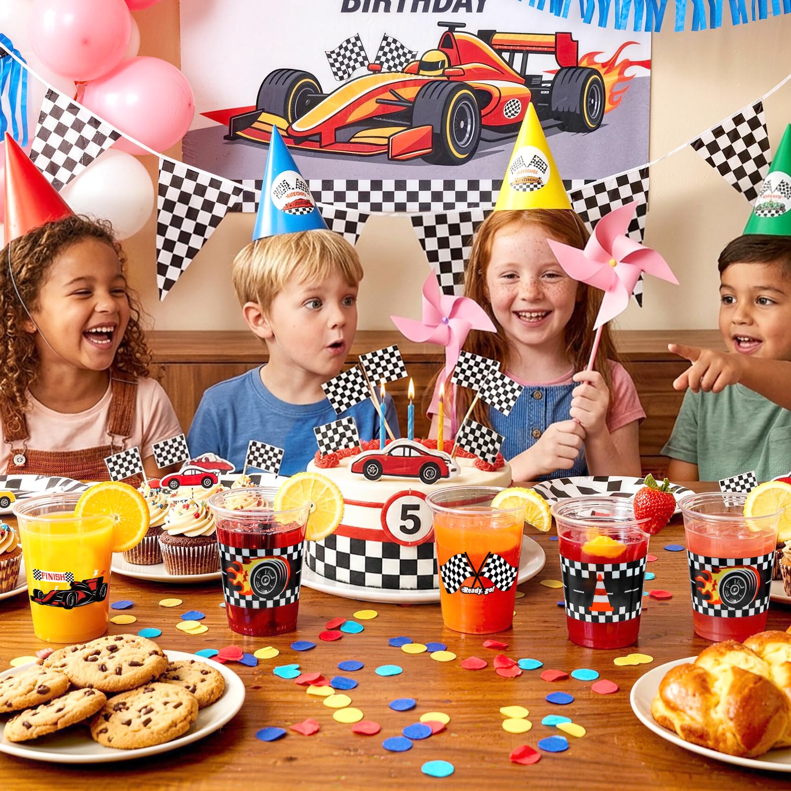 GuassLee 50 Race Car Birthday Party Cups - 12oz Plastic Cups with Checkered Flag and Racing Patterns for Boys' Birthday Party Supplies