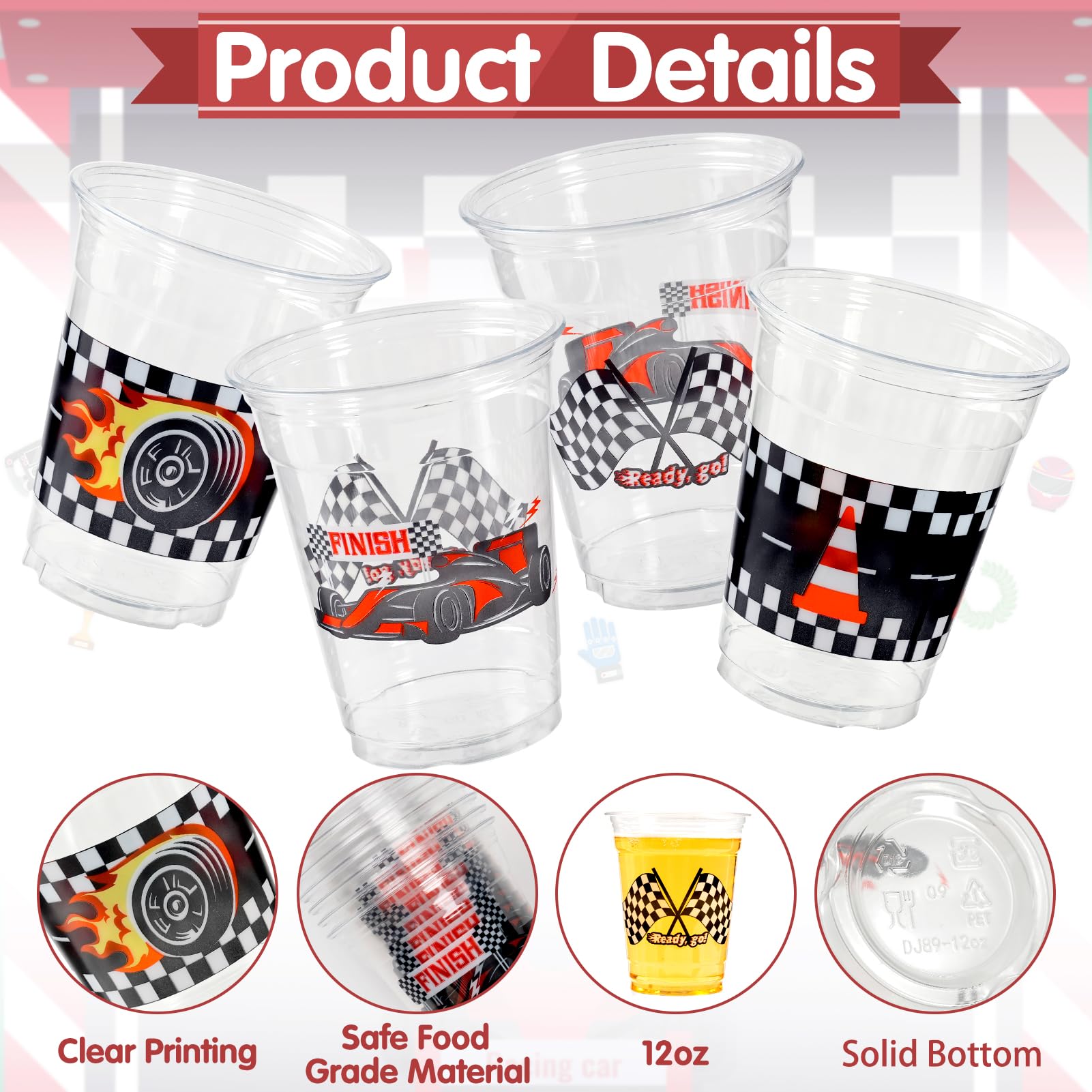 GuassLee 50 Race Car Birthday Party Cups - 12oz Plastic Cups with Checkered Flag and Racing Patterns for Boys' Birthday Party Supplies