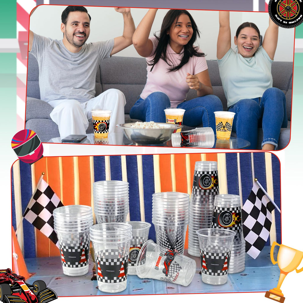 GuassLee 50 Race Car Birthday Party Cups - 12oz Plastic Cups with Checkered Flag and Racing Patterns for Boys' Birthday Party Supplies