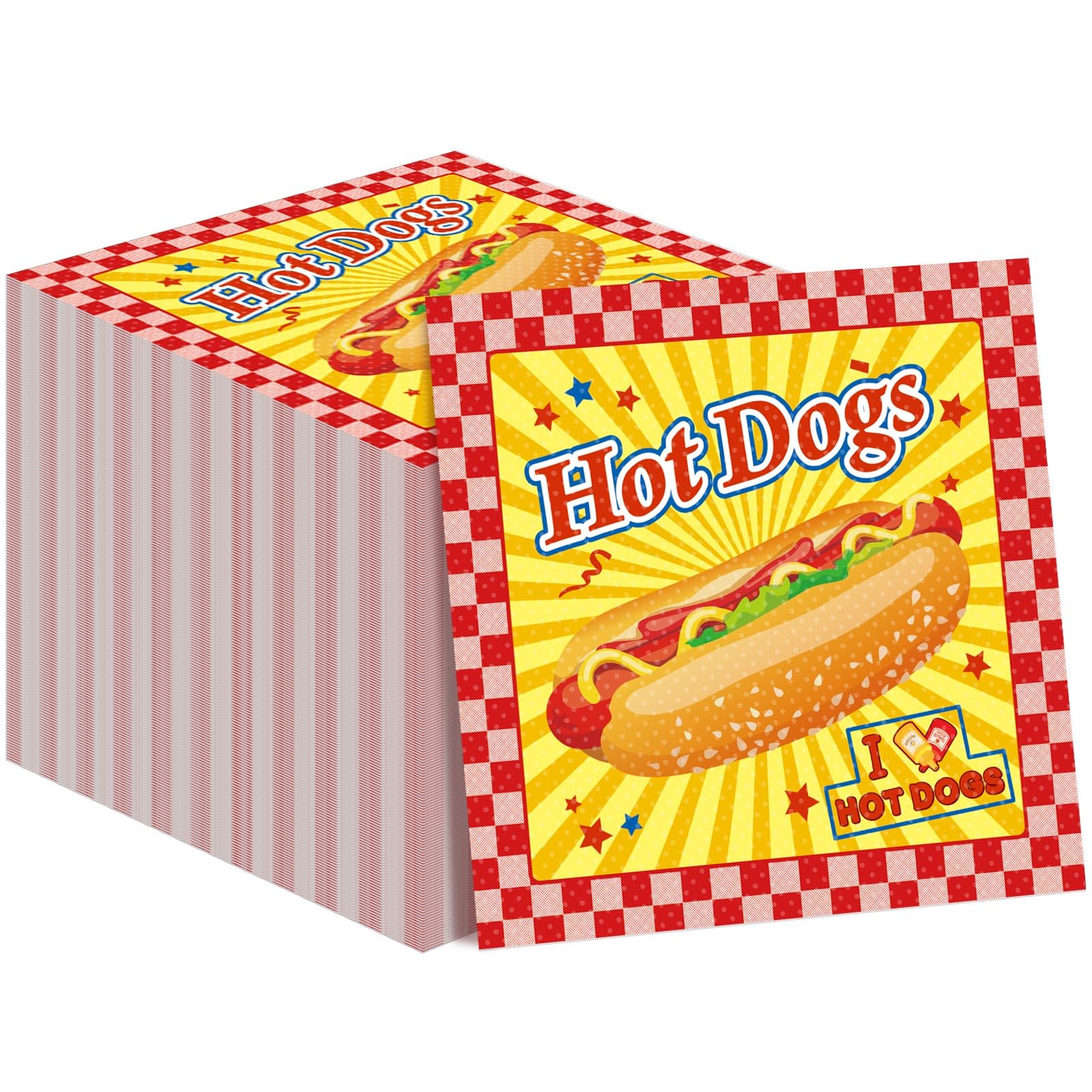 Gueevin 100 Pack Hot Dog Napkins – 13x13 Inches, Food-Grade Paper, Retro American Theme for Birthday BBQ Picnic