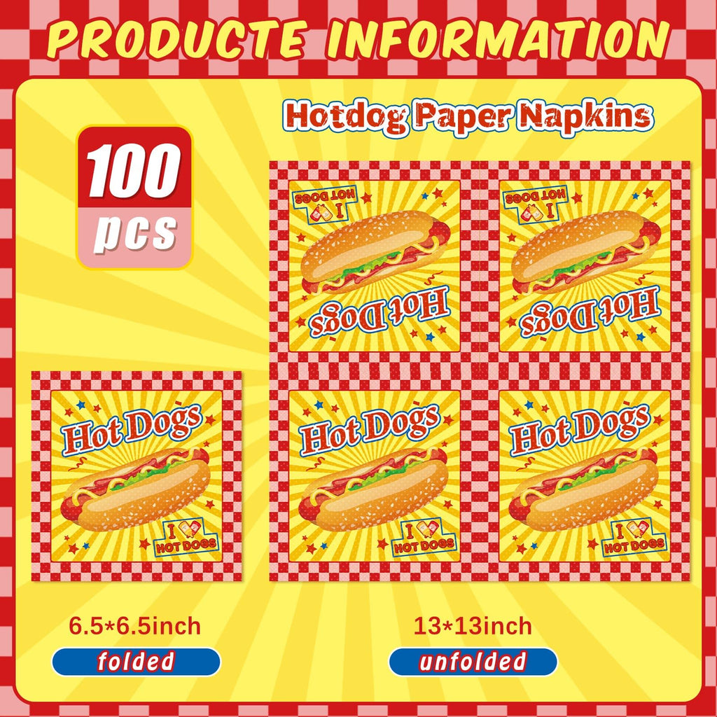 Gueevin 100 Pack Hot Dog Napkins – 13x13 Inches, Food-Grade Paper, Retro American Theme for Birthday BBQ Picnic