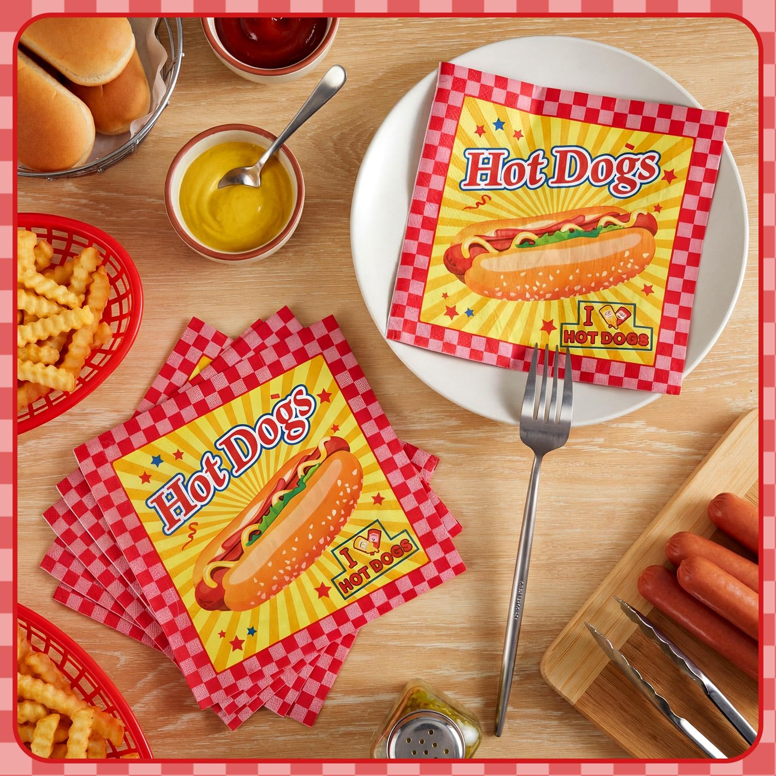 Gueevin 100 Pack Hot Dog Napkins – 13x13 Inches, Food-Grade Paper, Retro American Theme for Birthday BBQ Picnic