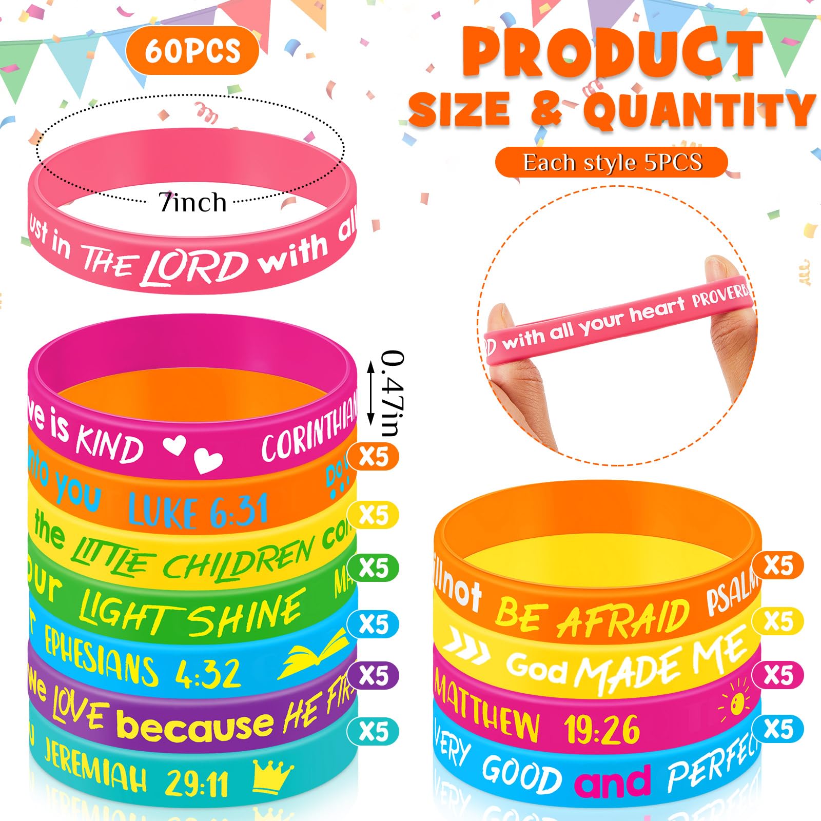 Gueevin 60 Pcs Bible Verse Bracelets for Kids – Christian Scripture Wristbands, Classic Color