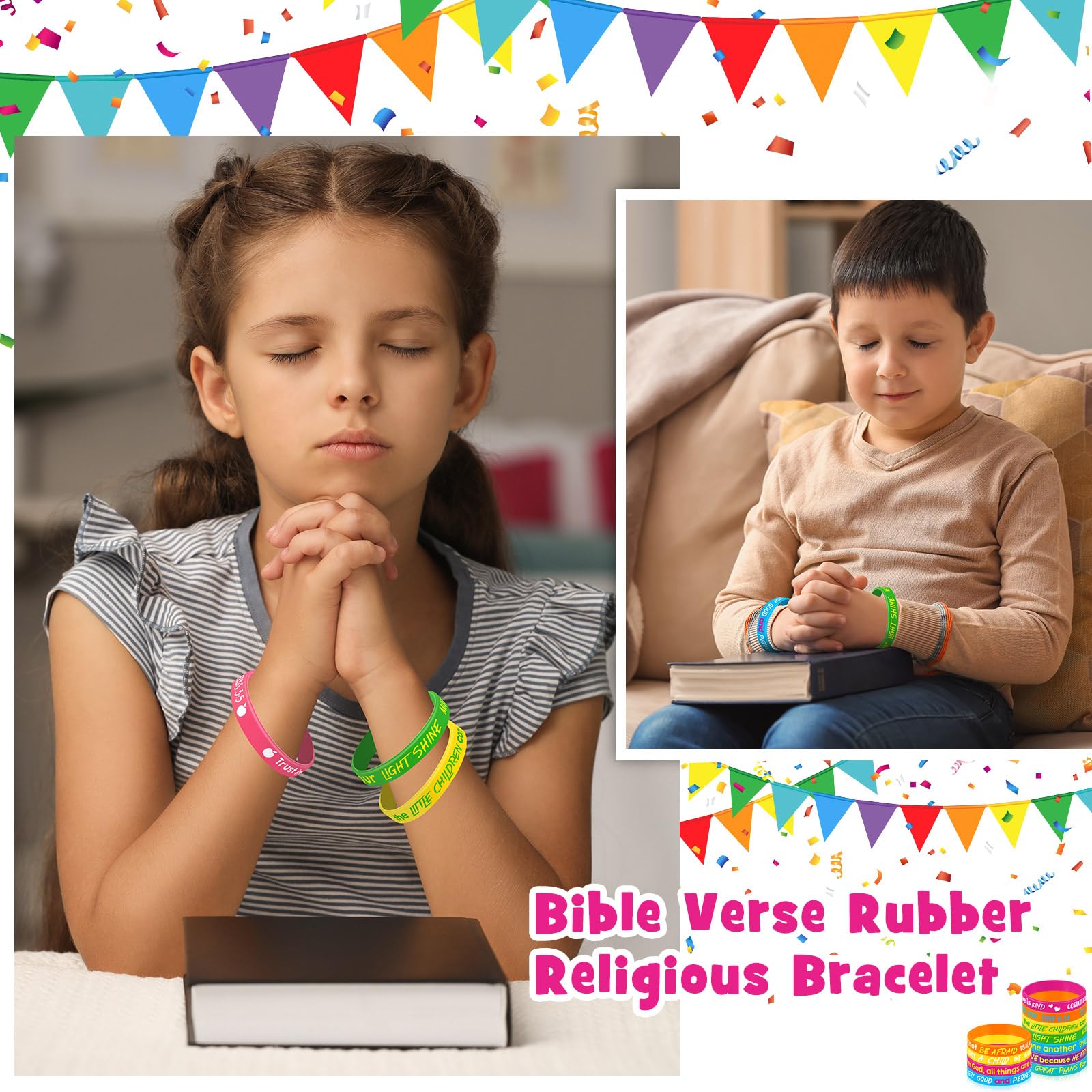 Gueevin 60 Pcs Bible Verse Bracelets for Kids – Christian Scripture Wristbands, Classic Color