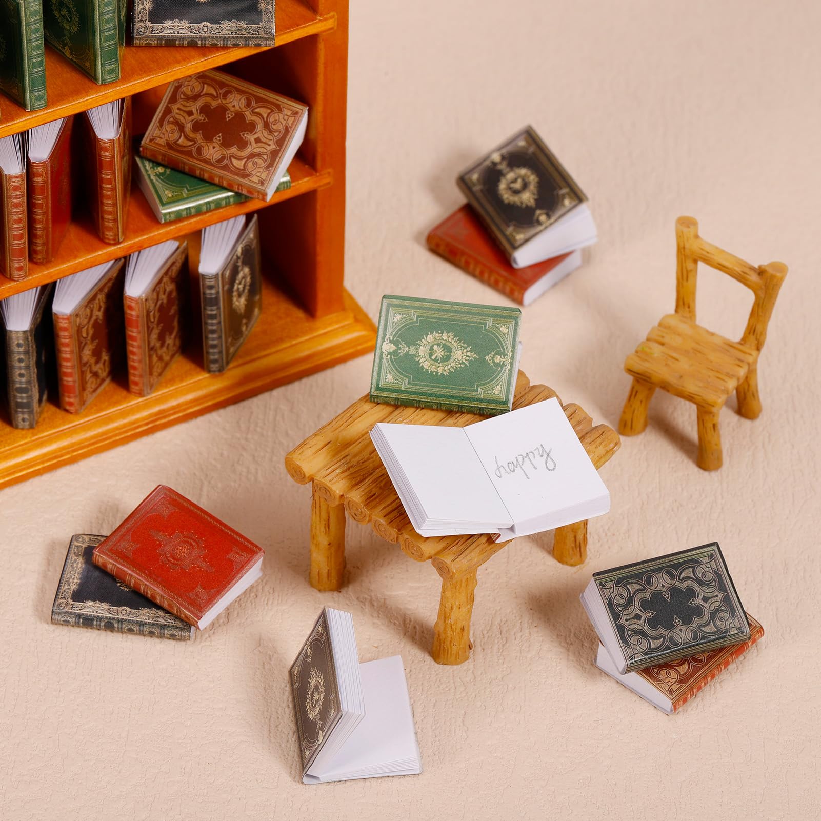 Guiqulai 36-Piece 1:12 Scale Dollhouse Books and Wooden Bookcase Set - Yellow