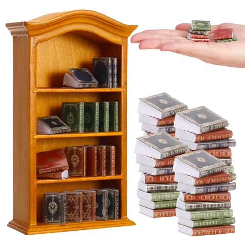 Guiqulai 36-Piece 1:12 Scale Dollhouse Books and Wooden Bookcase Set - Yellow