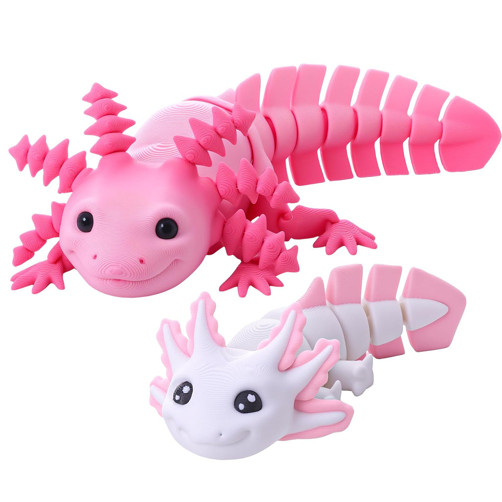 Guiqulai 3D Printed Axolotl Figures 2-Pack: Pink & White Articulating Fidget Toys for Desk Decor