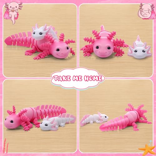 Guiqulai 3D Printed Axolotl Figures 2-Pack: Pink & White Articulating Fidget Toys for Desk Decor