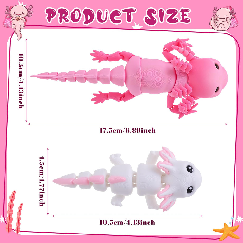 Guiqulai 3D Printed Axolotl Figures 2-Pack: Pink & White Articulating Fidget Toys for Desk Decor