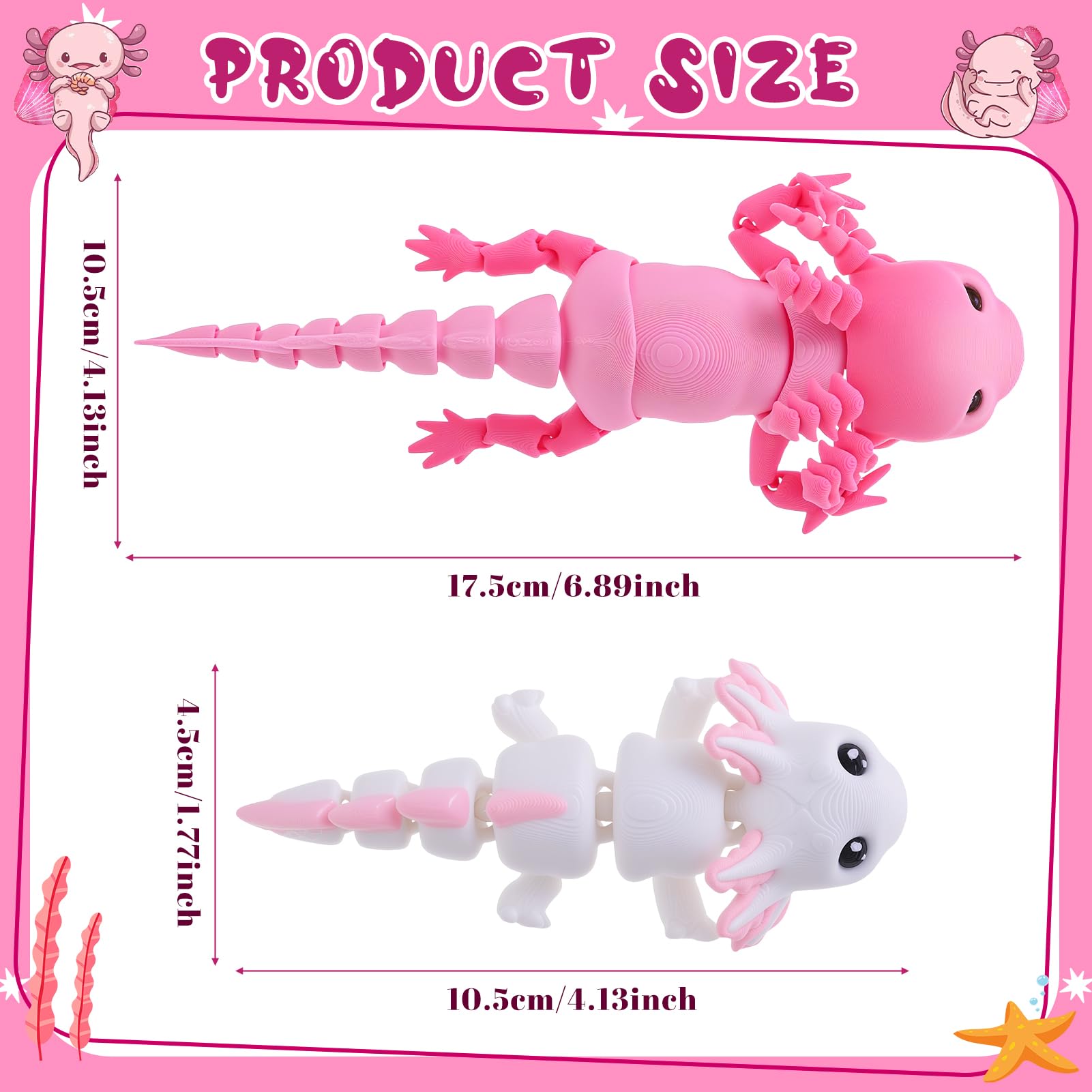 Guiqulai 3D Printed Axolotl Figures 2-Pack: Pink & White Articulating Fidget Toys for Desk Decor