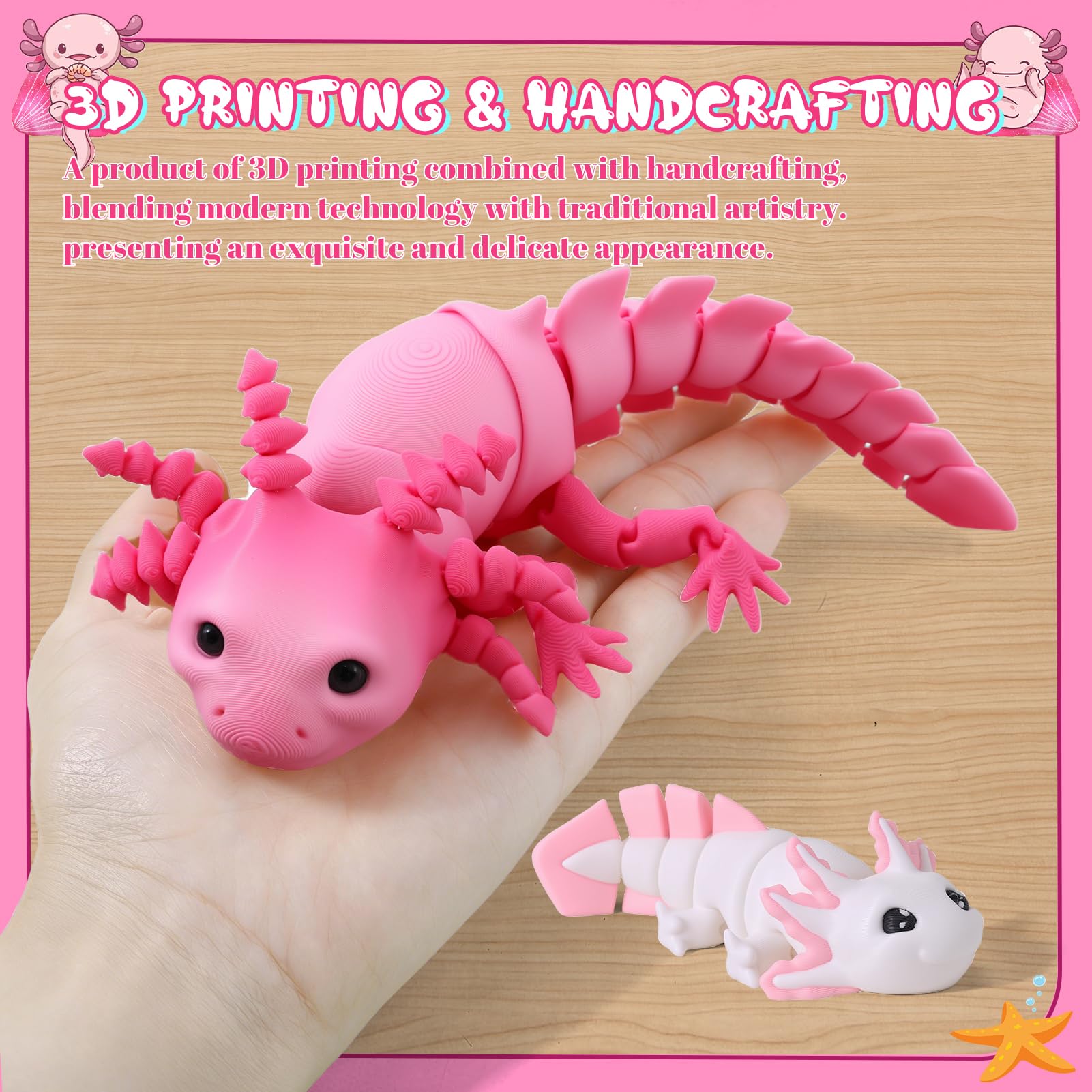 Guiqulai 3D Printed Axolotl Figures 2-Pack: Pink & White Articulating Fidget Toys for Desk Decor