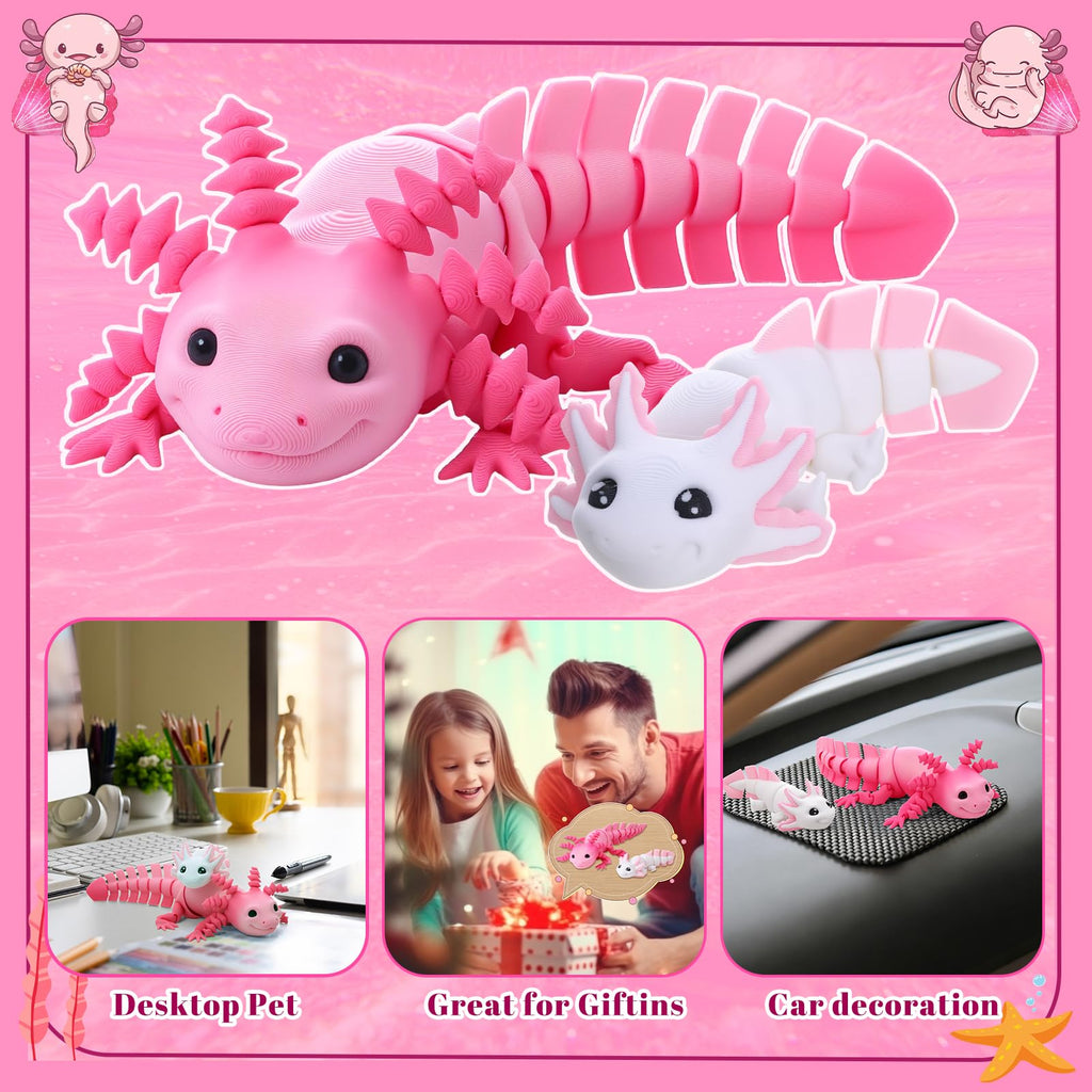 Guiqulai 3D Printed Axolotl Figures 2-Pack: Pink & White Articulating Fidget Toys for Desk Decor