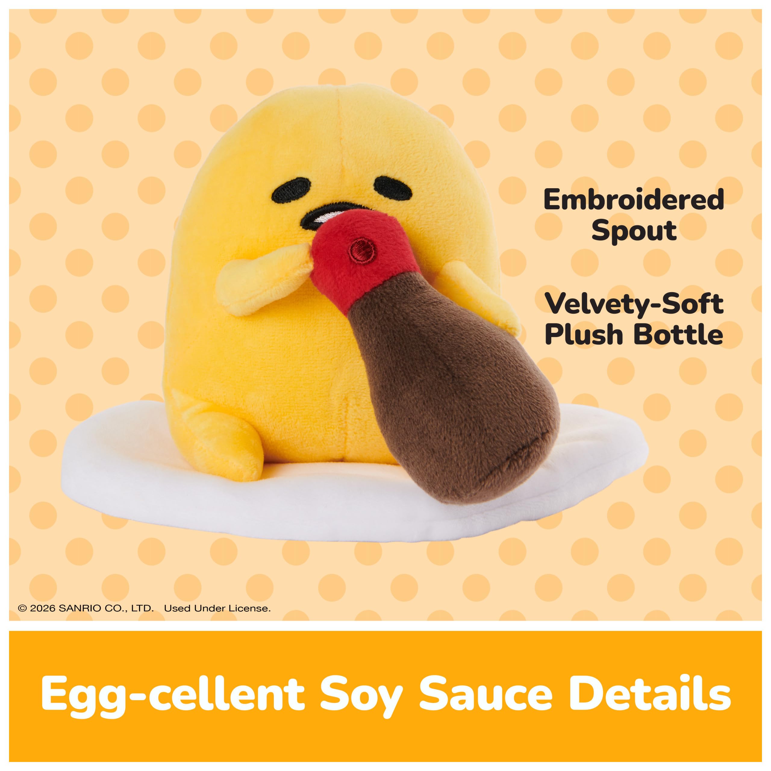 GUND Sanrio Gudetama 5" Plush with Soy Sauce Bottle – Soft & Surface-Washable Stuffed Animal for Ages 1+