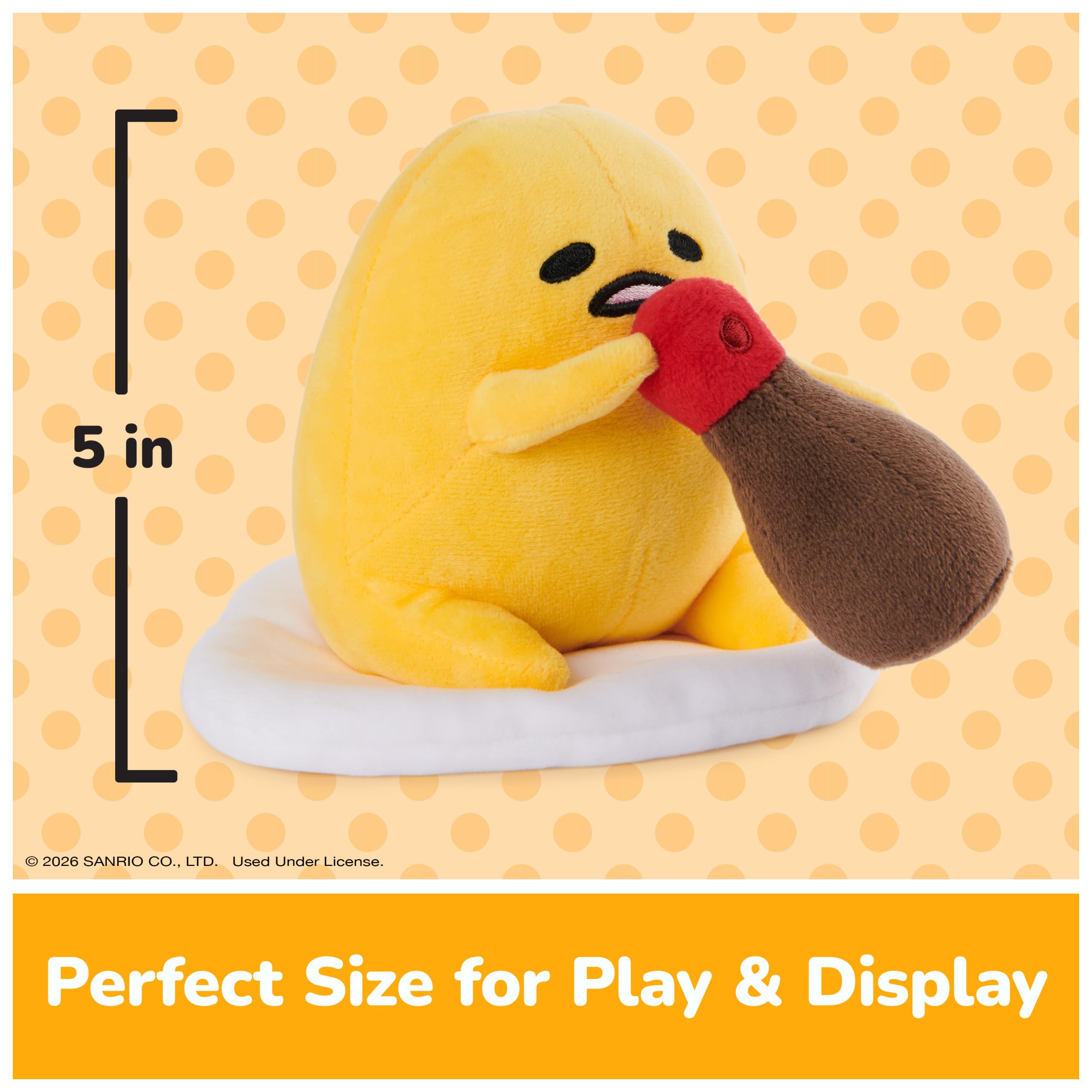 GUND Sanrio Gudetama 5" Plush with Soy Sauce Bottle – Soft & Surface-Washable Stuffed Animal for Ages 1+