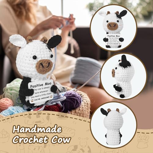 Guokoko Handmade Mini Crochet Cow Plush with Motivational Card – Emotional Support Gift for Friends, Coworkers