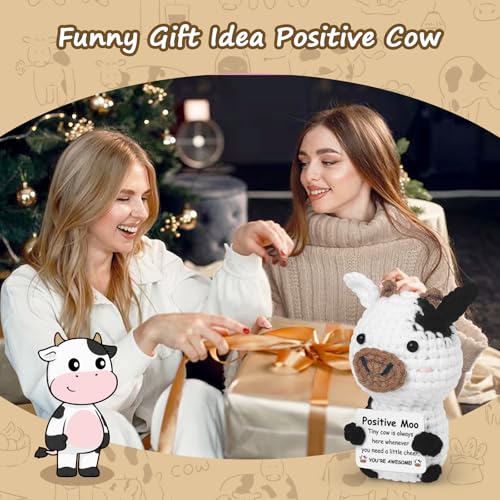 Guokoko Handmade Mini Crochet Cow Plush with Motivational Card – Emotional Support Gift for Friends, Coworkers
