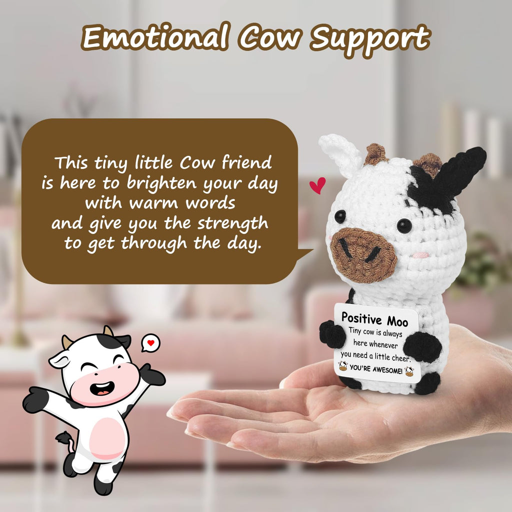 Guokoko Handmade Mini Crochet Cow Plush with Motivational Card – Emotional Support Gift for Friends, Coworkers