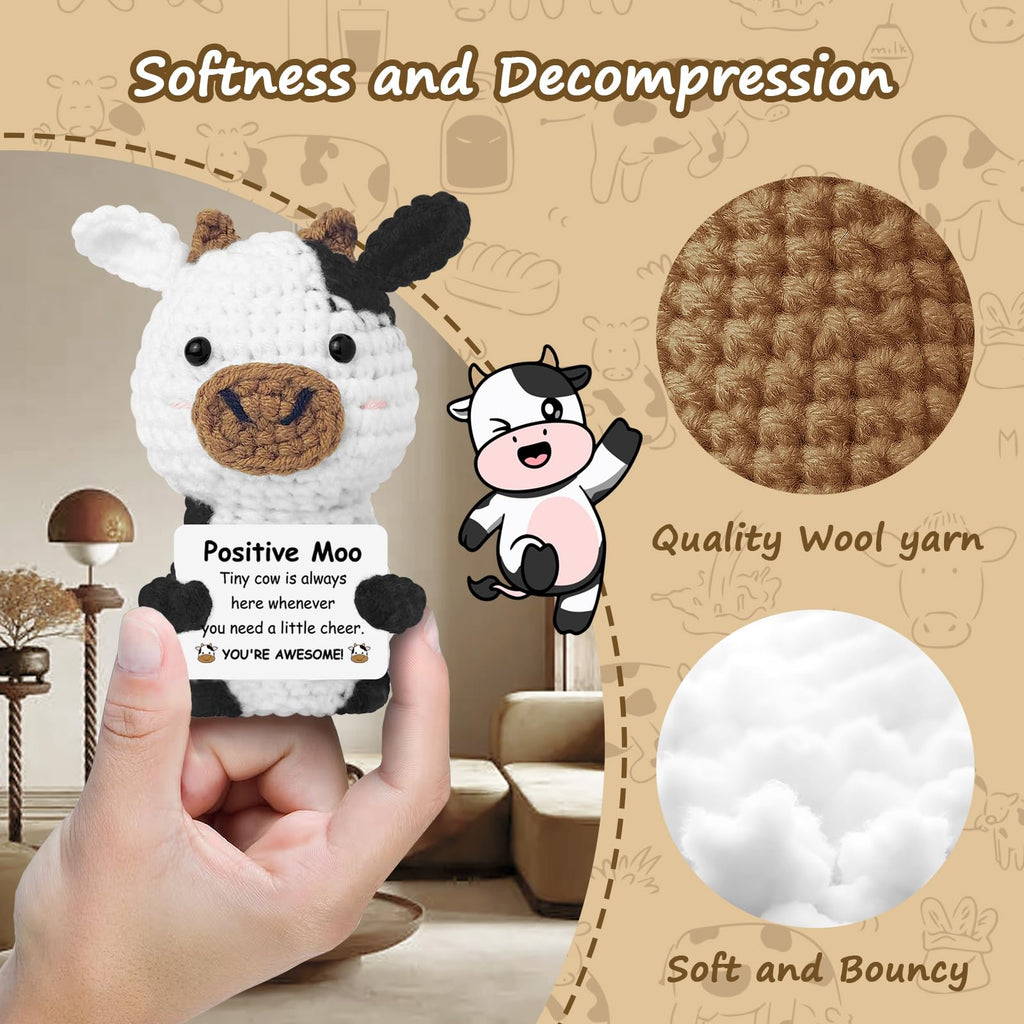Guokoko Handmade Mini Crochet Cow Plush with Motivational Card – Emotional Support Gift for Friends, Coworkers