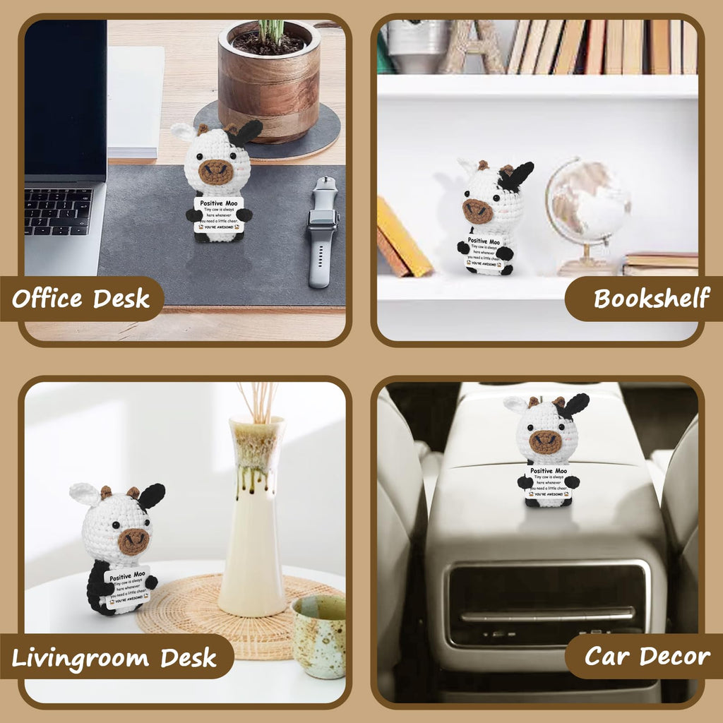 Guokoko Handmade Mini Crochet Cow Plush with Motivational Card – Emotional Support Gift for Friends, Coworkers