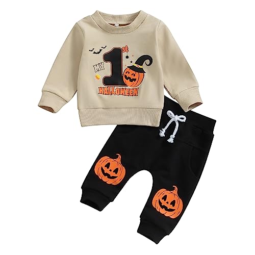 Gureui My First Halloween Baby Boy Outfit – Long Sleeve Pumpkin Patch Sweatshirt & Pants Set for Infant Toddler