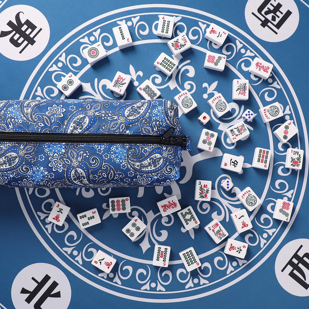 GUSTARIA Empty Mahjong Tile Bag – Thickened Blue Printed Carrying Case for 1.2 Inch Standard American Tiles