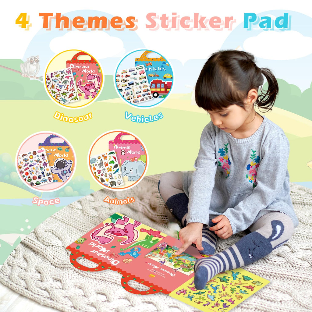 GUYUCOM Jelly Sticker Books 4-Pack: Reusable Animal, Dinosaur, Space & Vehicle Stickers for Toddlers (Ages 3-12)