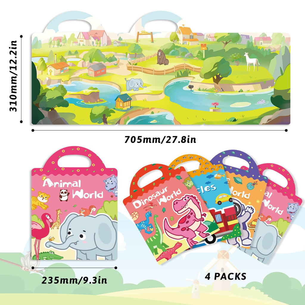 GUYUCOM Jelly Sticker Books 4-Pack: Reusable Animal, Dinosaur, Space & Vehicle Stickers for Toddlers (Ages 3-12)