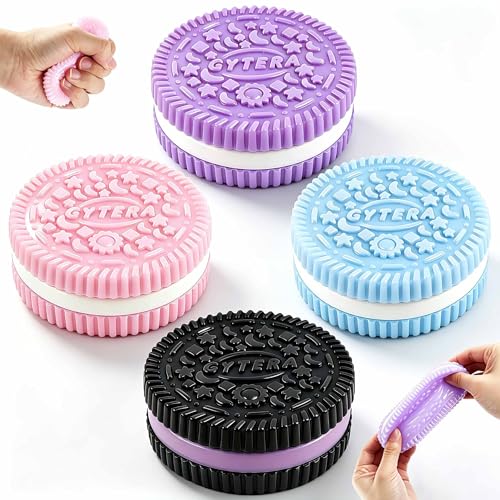 Gytera Sticky Cookie Squishies 4-Pack: Fidget Toys for Stress Relief in Pink, Black, Blue, Purple