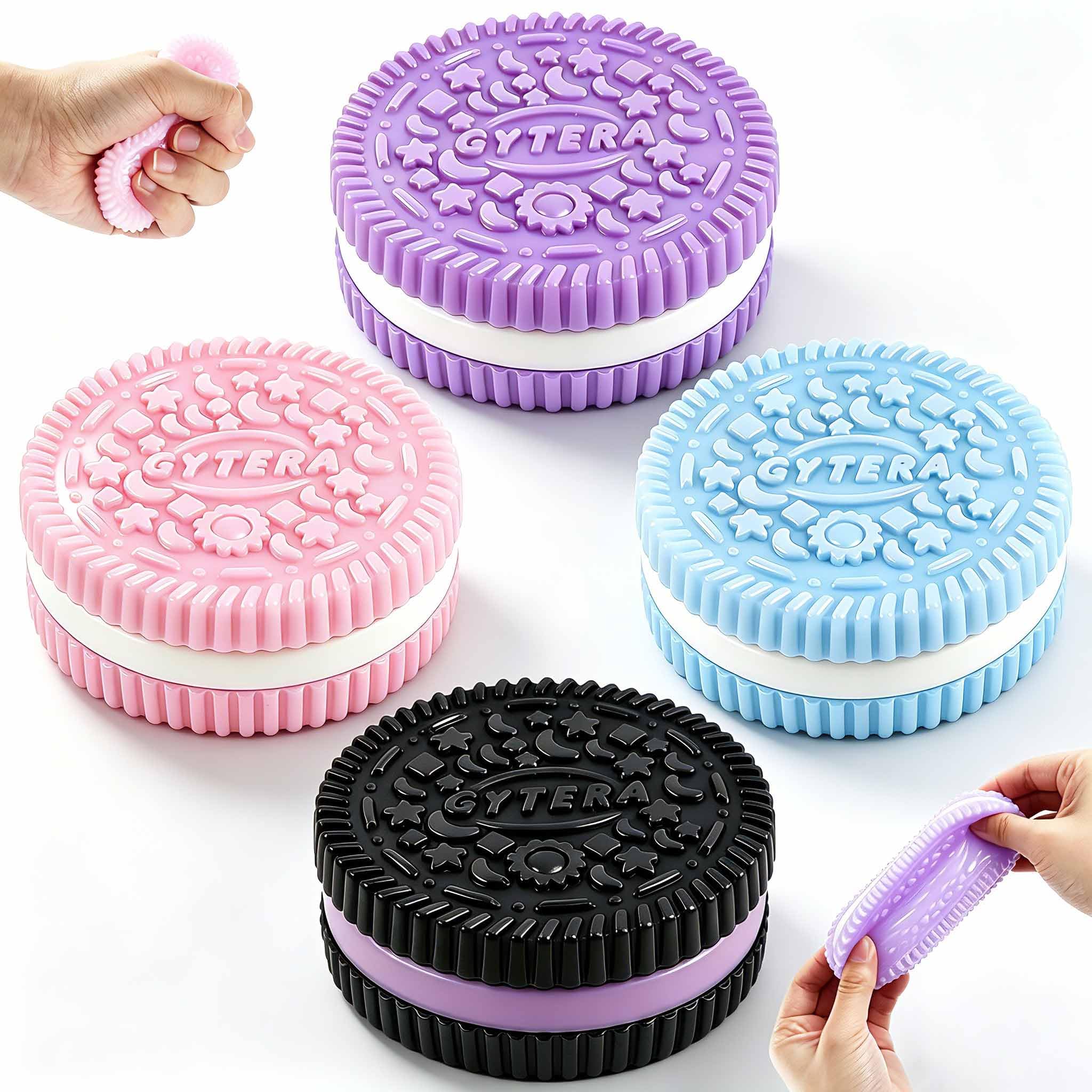 Gytera Sticky Cookie Squishies 4-Pack: Fidget Toys for Stress Relief in Pink, Black, Blue, Purple