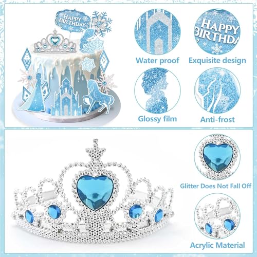 GZDUCK Ice Princess Cake Toppers – 16 Piece Snow Theme Set with Castle, Crown, Snowflakes for Girls Parties