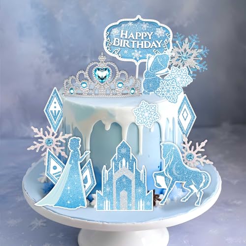 GZDUCK Ice Princess Cake Toppers – 16 Piece Snow Theme Set with Castle, Crown, Snowflakes for Girls Parties