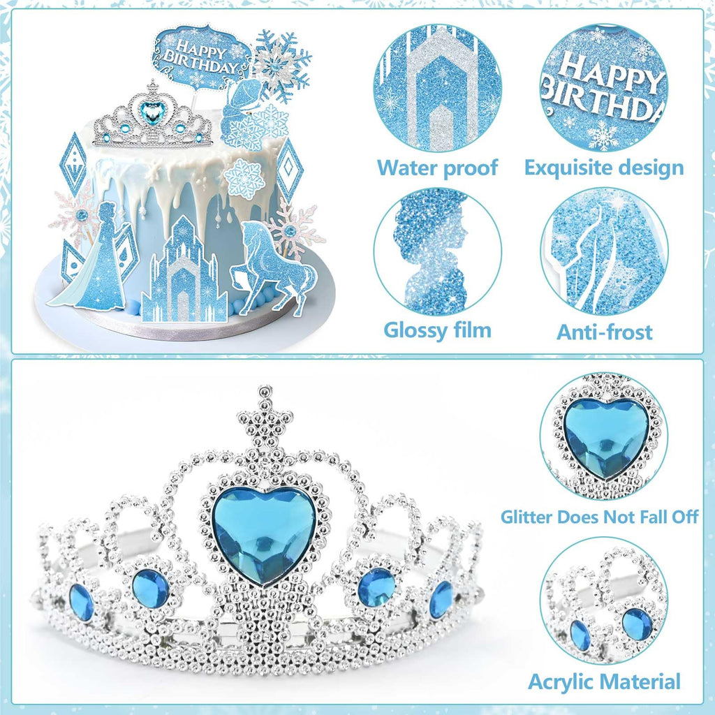 GZDUCK Ice Princess Cake Toppers – 16 Piece Snow Theme Set with Castle, Crown, Snowflakes for Girls Parties