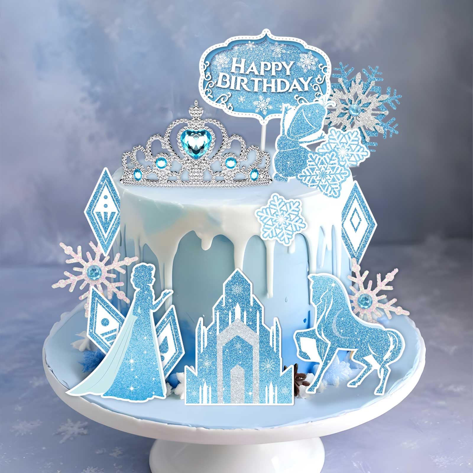 GZDUCK Ice Princess Cake Toppers – 16 Piece Snow Theme Set with Castle, Crown, Snowflakes for Girls Parties