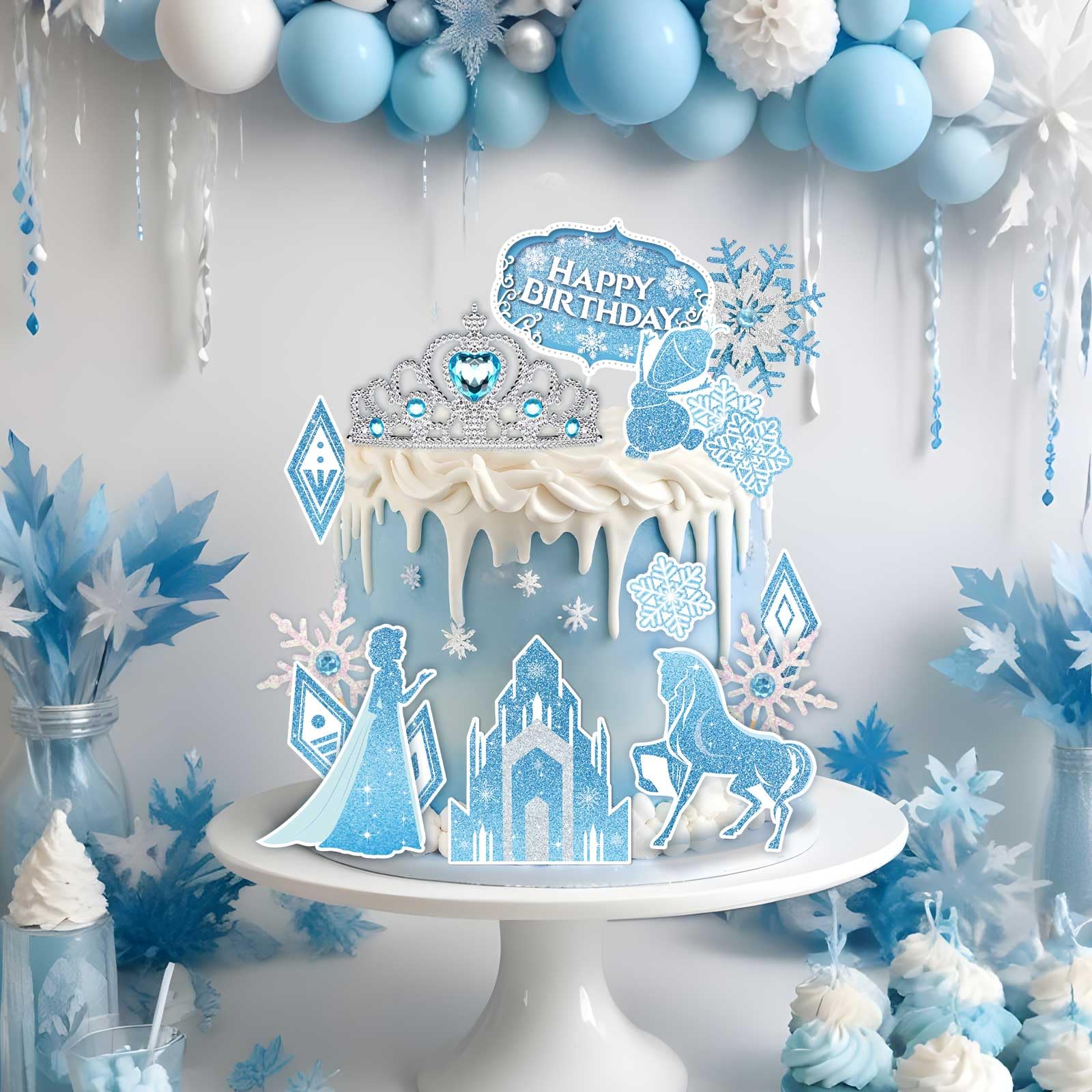 GZDUCK Ice Princess Cake Toppers – 16 Piece Snow Theme Set with Castle, Crown, Snowflakes for Girls Parties