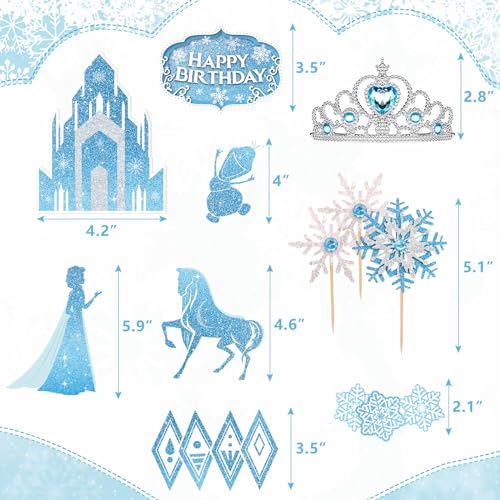 GZDUCK Ice Princess Cake Toppers – 16 Piece Snow Theme Set with Castle, Crown, Snowflakes for Girls Parties