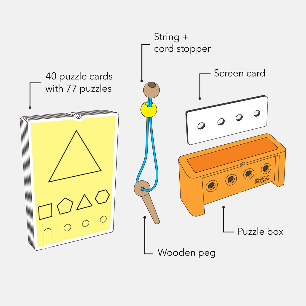HABA Logic! CASE Starter Set 6+ – 77 Brain Teaser Puzzles for Kids, Travel Game with Self-Checking Wooden Peg