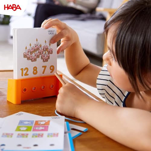 HABA Logic! CASE Starter Set – 77 Brain Teaser Puzzles for Kids Ages 4-8, Self-Checking Handheld Game for Travel & Car