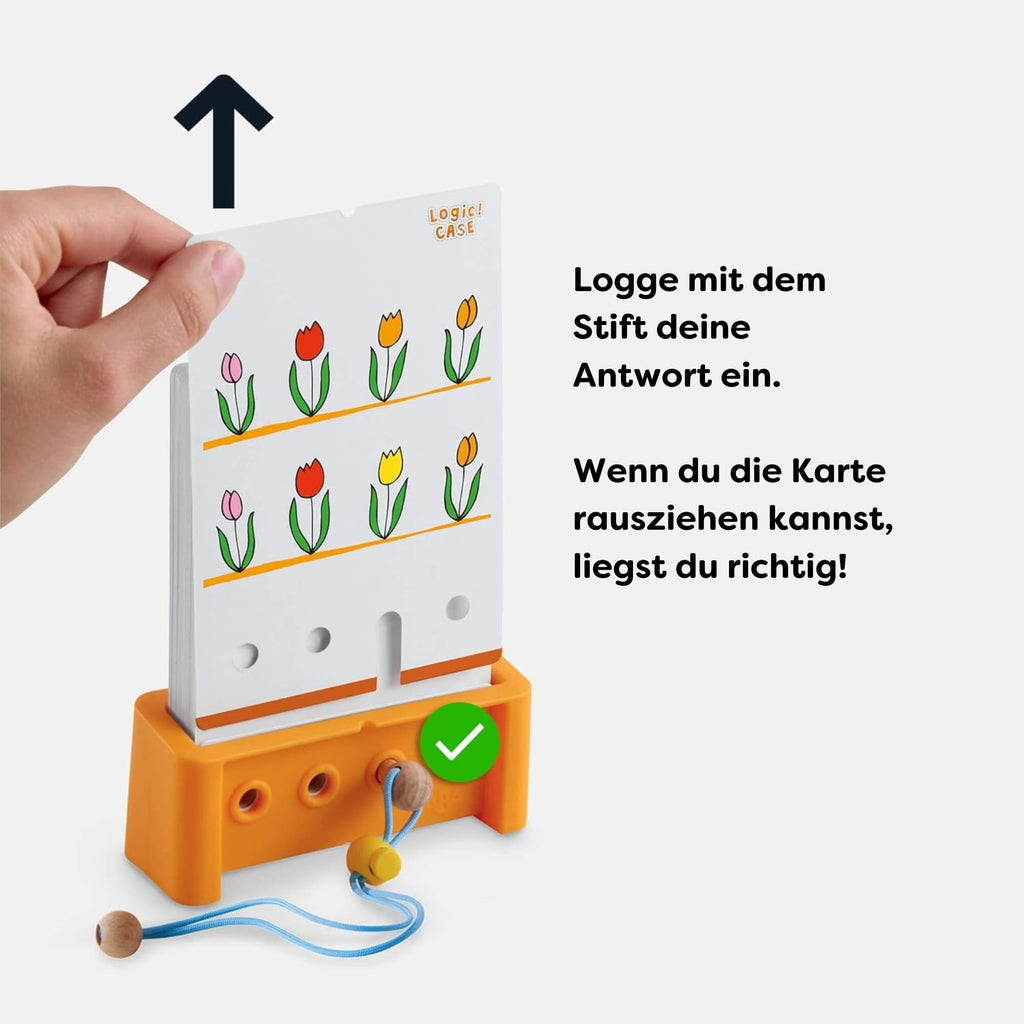 HABA Logic! CASE Starter Set – 77 Brain Teaser Puzzles for Kids Ages 4-8, Self-Checking Handheld Game for Travel & Car