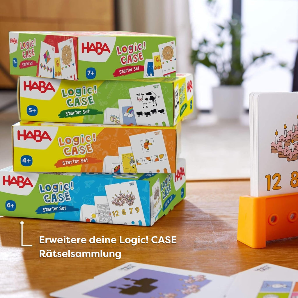 HABA Logic! CASE Starter Set – 77 Brain Teaser Puzzles for Kids Ages 4-8, Self-Checking Handheld Game for Travel & Car