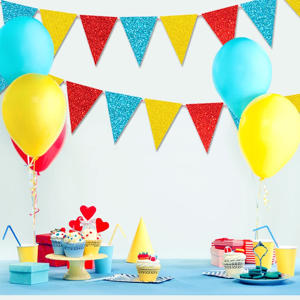 HADEEONG 45-Piece Carnival Pennant Banner – 49ft Glitter Paper Triangle Flags for Parties, Baby Showers, Classroom Decor