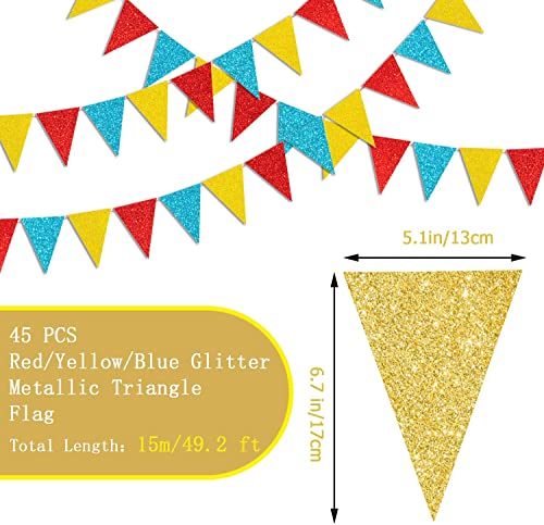 HADEEONG 45-Piece Carnival Pennant Banner – 49ft Glitter Paper Triangle Flags for Parties, Baby Showers, Classroom Decor