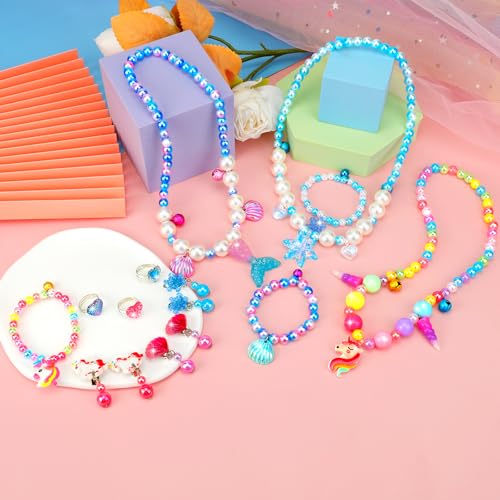 HAENPLE 15-Piece Girls Jewelry Set - Unicorn Mermaid Frozen Themed Necklaces Bracelets Rings Earrings for Toddlers
