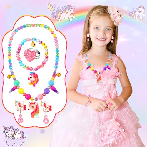 HAENPLE 15-Piece Girls Jewelry Set - Unicorn Mermaid Frozen Themed Necklaces Bracelets Rings Earrings for Toddlers