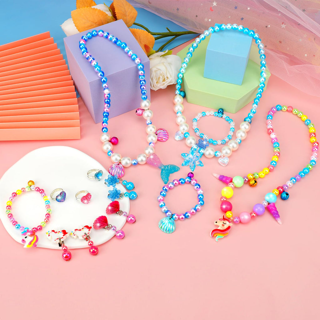 HAENPLE 15-Piece Girls Jewelry Set - Unicorn Mermaid Frozen Themed Necklaces Bracelets Rings Earrings for Toddlers