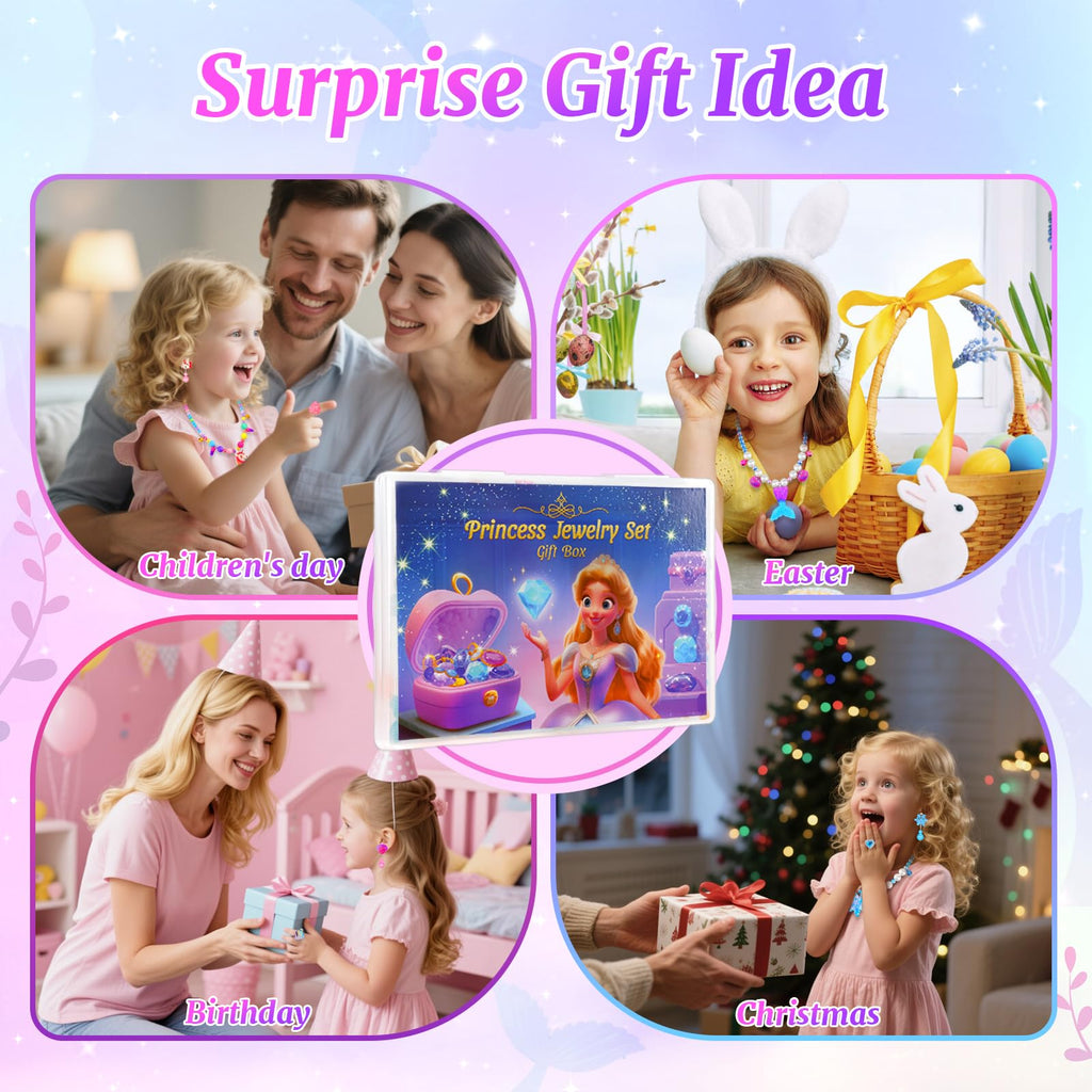 HAENPLE 15-Piece Girls Jewelry Set - Unicorn Mermaid Frozen Themed Necklaces Bracelets Rings Earrings for Toddlers
