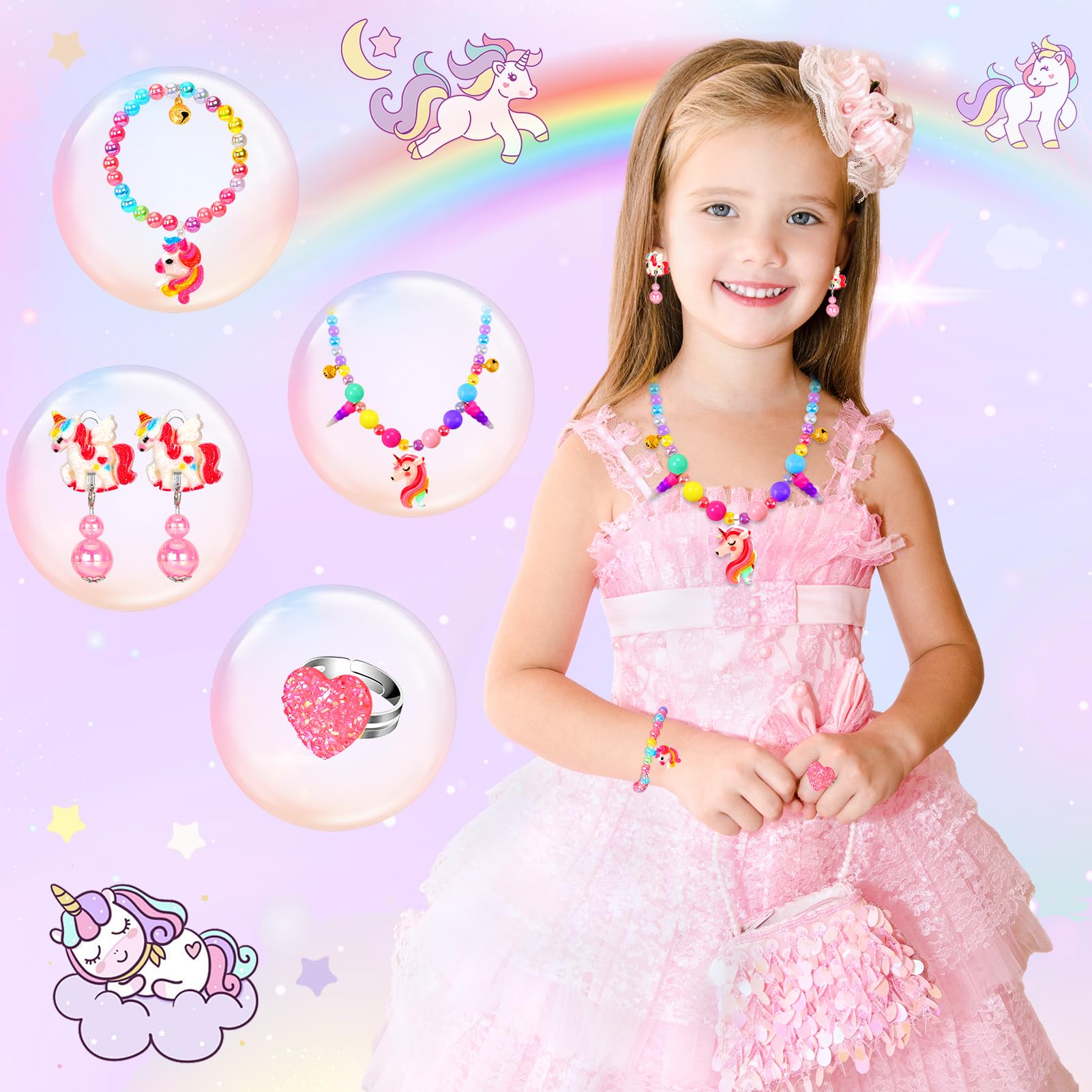 HAENPLE 15-Piece Girls Jewelry Set - Unicorn Mermaid Frozen Themed Necklaces Bracelets Rings Earrings for Toddlers