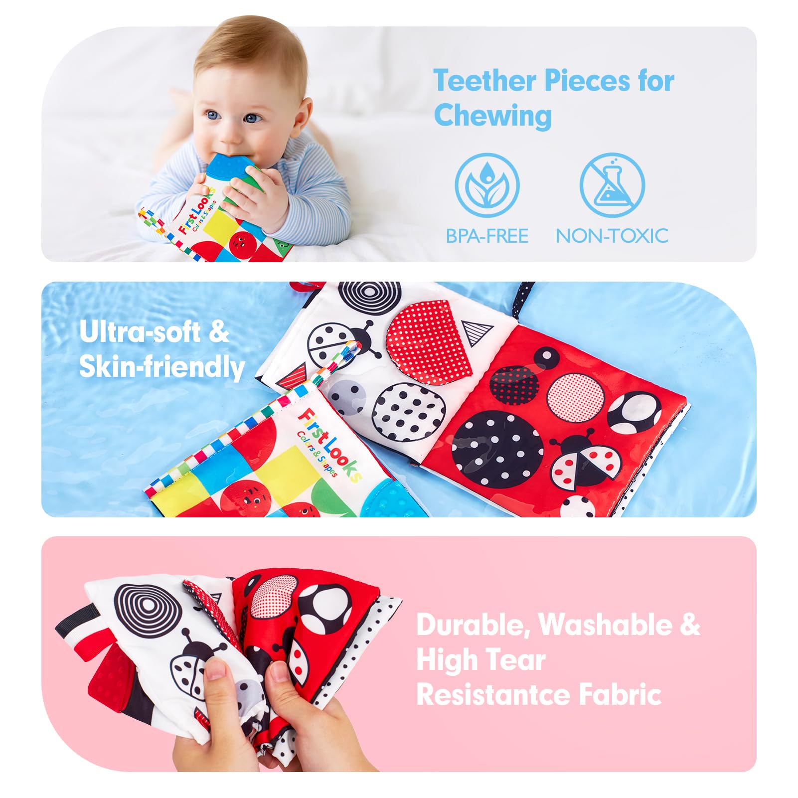 hahaland Baby Books 0-6 Months - 2-Piece Set with High Contrast, Mirror, Teething & Crinkle for Tummy Time