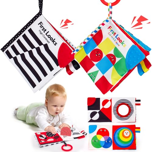 hahaland Baby Books 0-6 Months - 2-Piece Set with High Contrast, Mirror, Teething & Crinkle for Tummy Time