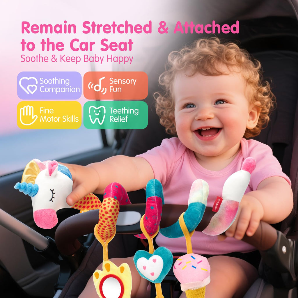 hahaland Baby Car Seat Toys 0-6 Months: 3 Sensory Plush Toys with Mirror, Crinkle, Squeak & Jingle