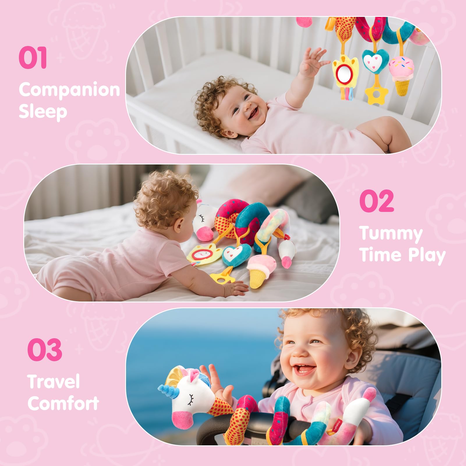 hahaland Baby Car Seat Toys 0-6 Months: 3 Sensory Plush Toys with Mirror, Crinkle, Squeak & Jingle